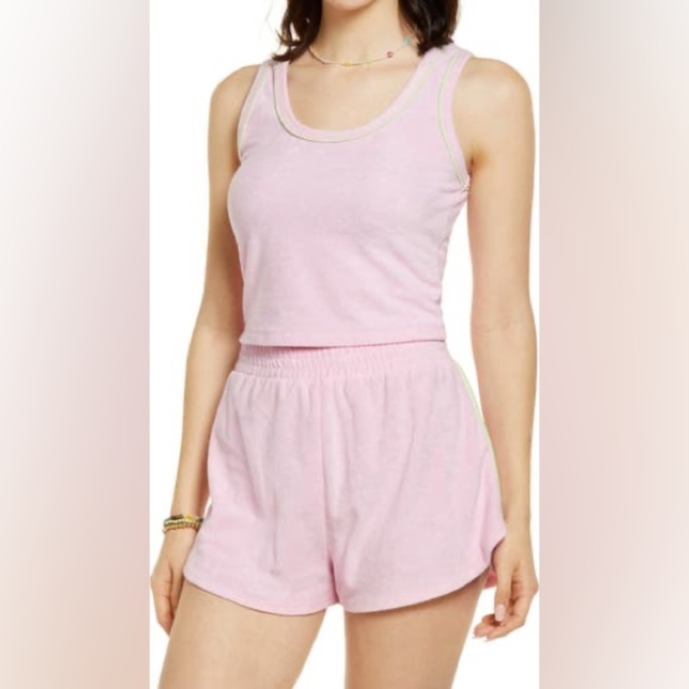 BP Cropped Sleeveless Pink Terry Tank Top Lime Green Piping Small NEW